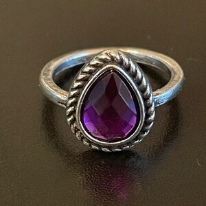 Water drop purple rhinestone silver plated ring size 5.5